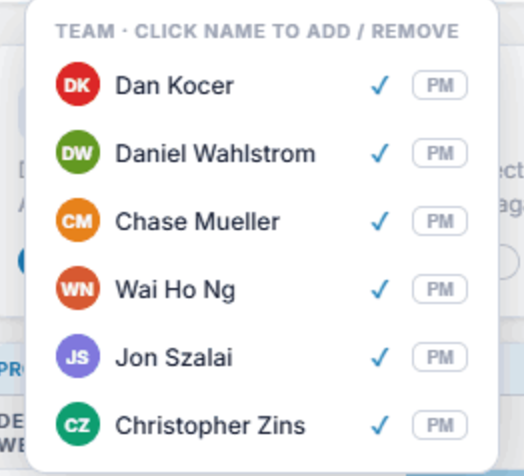Team member pop-up with PM buttons