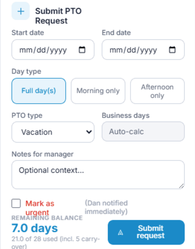 PTO request form with dates, day type, PTO type and notes